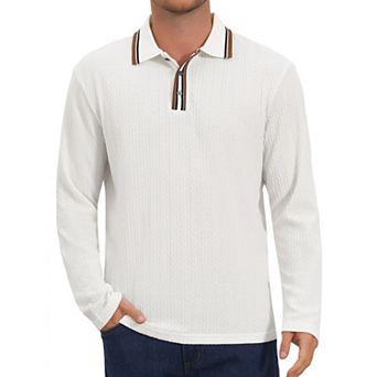 Men's Casual Contrast Button Collared Long Sleeves Jacquard Polo T-Shirts