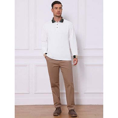 Men's Polo Shirt Long Sleeve Casual Button Striped Collared Polo Shirts
