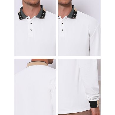 Men's Polo Shirt Long Sleeve Casual Button Striped Collared Polo Shirts