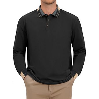 Men's Polo Shirt Long Sleeve Casual Button Striped Collared Polo Shirts