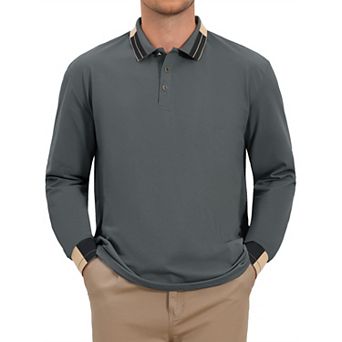 Men's Polo Shirt Long Sleeve Casual Button Striped Collared Polo Shirts
