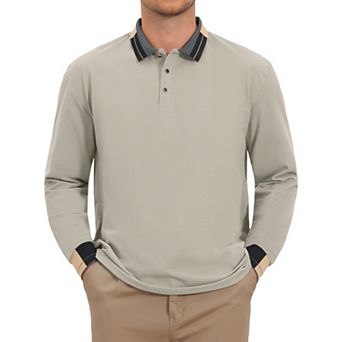 Men's Polo Shirt Long Sleeve Casual Button Striped Collared Polo Shirts