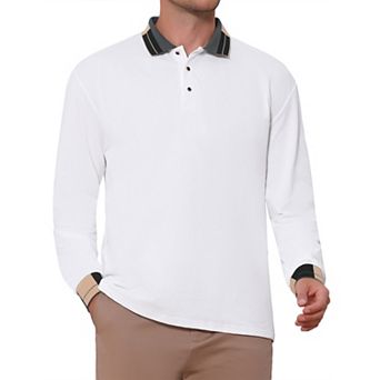 Men's Polo Shirt Long Sleeve Casual Button Striped Collared Polo Shirts