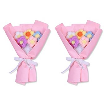 Handmade Crochet Flowers Bouquet with Gift Wrap, Eternal Knitted Floral Arrangement 5.9"L x 7.1"H