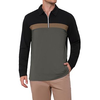 Men's Contrast Polo Shirt Zip Up Long Sleeve Vintage Goft Shirts