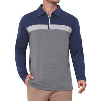 Men's Contrast Polo Shirt Zip Up Long Sleeve Vintage Goft Shirts