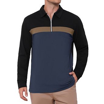 Men's Contrast Polo Shirt Zip Up Long Sleeve Vintage Goft Shirts