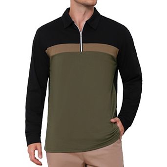 Men's Contrast Polo Shirt Zip Up Long Sleeve Vintage Goft Shirts