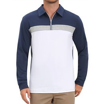 Men's Contrast Polo Shirt Zip Up Long Sleeve Vintage Goft Shirts