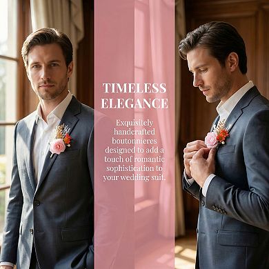 Wedding Boutonnieres for Men, Artificial Rose Corsage with Pins, Realistic Silk Flower Brooch 5.7"