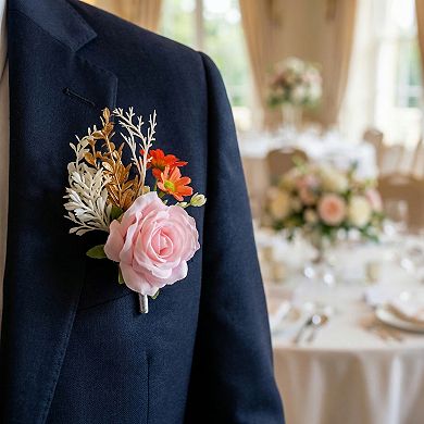 Wedding Boutonnieres for Men, Artificial Rose Corsage with Pins, Realistic Silk Flower Brooch 5.7"