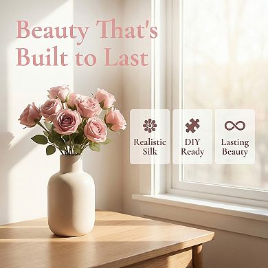 Artificial Roses Bulk 10Pcs, Silk Rose Bouquet with Removable Heads, Faux Flowers 9.4"H