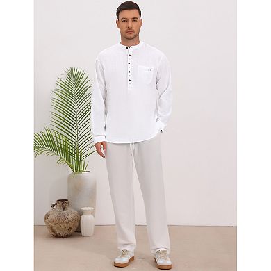 Men's Linen Henley Shirts Long Sleeve Chest Pocket Casual Beach Shirts