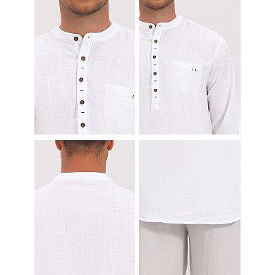 Men's Linen Henley Shirts Long Sleeve Chest Pocket Casual Beach Shirts
