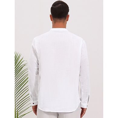 Men's Linen Henley Shirts Long Sleeve Chest Pocket Casual Beach Shirts