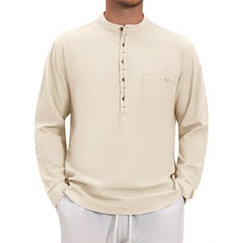 Men's Linen Henley Shirts Long Sleeve Chest Pocket Casual Beach Shirts
