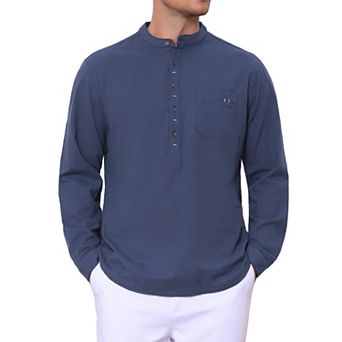 Men's Linen Henley Shirts Long Sleeve Chest Pocket Casual Beach Shirts