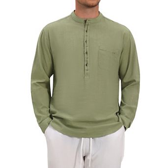 Men's Linen Henley Shirts Long Sleeve Chest Pocket Casual Beach Shirts