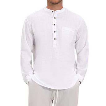Men's Linen Henley Shirts Long Sleeve Chest Pocket Casual Beach Shirts