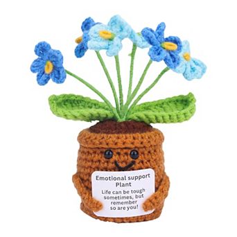 Handmade Crochet Forget-Me-Not, Knitted Potted Plant for Desk Decor, Cute Fake Flower 2.3"L x 4.3"H