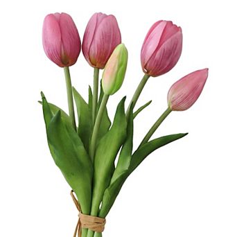 Artificial Tulips Flowers Real Touch 5 pc Silk Tulips Faux Dutch Tulips Mini Floral Bouquet 9.8"H