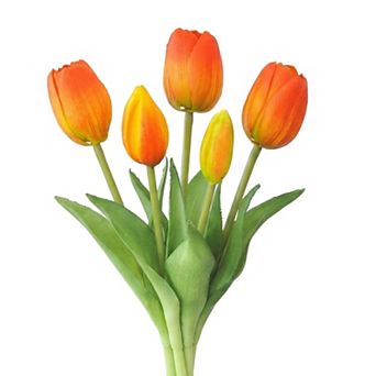 Artificial Tulips Flowers Real Touch 5 pc Silk Tulips Faux Dutch Tulips Mini Floral Bouquet 9.8"H