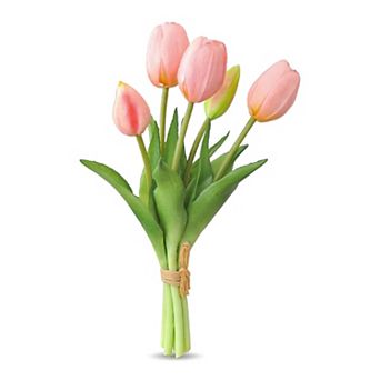 Artificial Tulips Flowers Real Touch 5 pc Silk Tulips Faux Dutch Tulips Mini Floral Bouquet 9.8"H