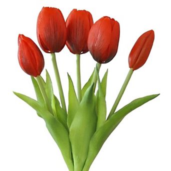 Artificial Tulips Flowers Real Touch 5 pc Silk Tulips Faux Dutch Tulips Mini Floral Bouquet 9.8"H