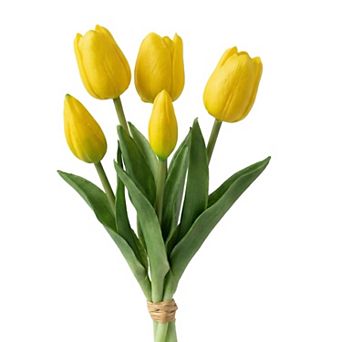 Artificial Tulips Flowers Real Touch 5 pc Silk Tulips Faux Dutch Tulips Mini Floral Bouquet 9.8"H