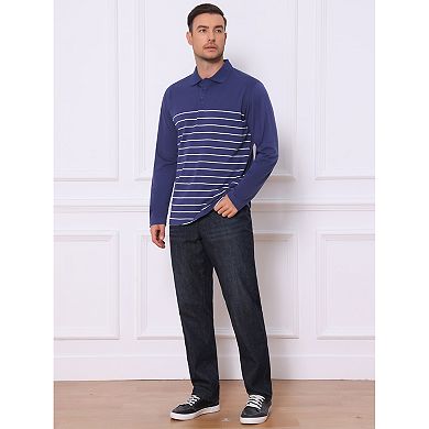 Men's Casual Long Sleeves Contrast Striped Golf Polo T-Shirts