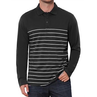 Men's Casual Long Sleeves Contrast Striped Golf Polo T-Shirts