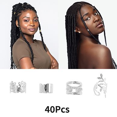 40Pcs Hollow Different Style Hair Cuffs Dreadlock Silver Tone