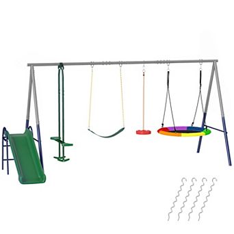 Qaba 5-in-1 Kids Swing Set for Backyard with Slide, 770lbs Capacity, Mixed