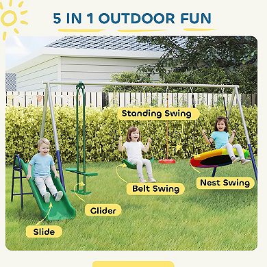 Qaba 5-in-1 Kids Swing Set for Backyard with Slide, 770lbs Capacity, Mixed
