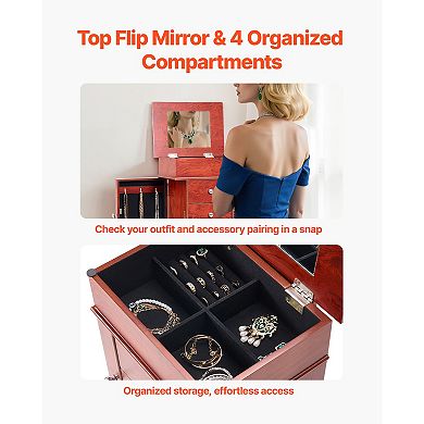 KWPZQEB Vintage Standing Jewelry Storage Chest with Top Flip Mirror, Brown