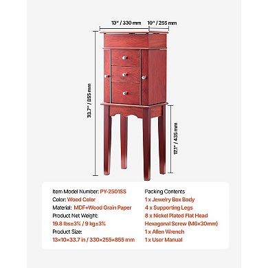KWPZQEB Vintage Standing Jewelry Storage Chest with Top Flip Mirror, Brown