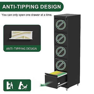 VIYET 5-Drawer Vertical File Cabinet with Lock - Mobile Locking Metal Filing Cabinet on Wheels