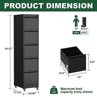 VIYET 5-Drawer Vertical File Cabinet with Lock - Mobile Locking Metal Filing Cabinet on Wheels