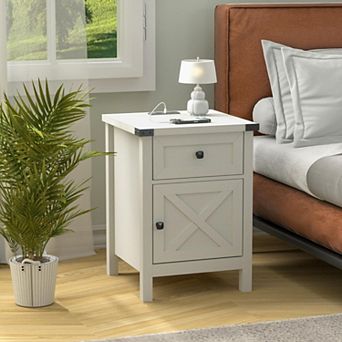Farmhouse Nightstand with Charging Station, Side Table with Barn Door & Drawer, Rustic End Table