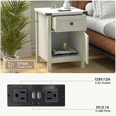 Farmhouse Nightstand with Charging Station, Side Table with Barn Door & Drawer, Rustic End Table