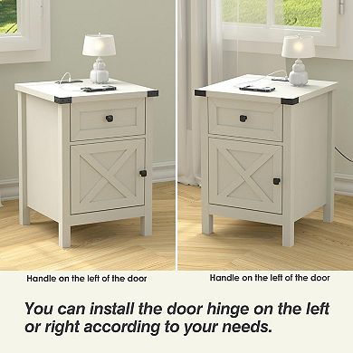 Farmhouse Nightstand with Charging Station, Side Table with Barn Door & Drawer, Rustic End Table