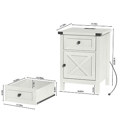 Farmhouse Nightstand with Charging Station, Side Table with Barn Door & Drawer, Rustic End Table