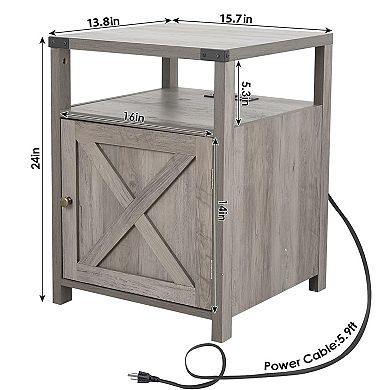 Farmhouse Nightstand with Charging Station, Rustic End Table Besides Table for Bedroom, 2-Pack Set