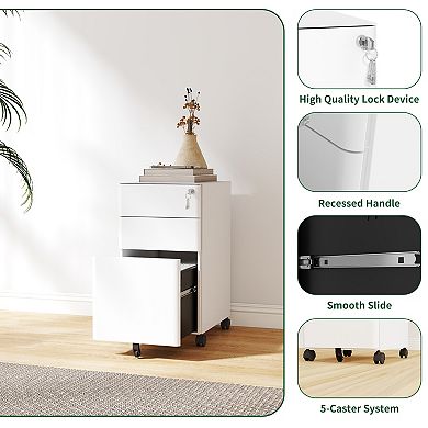 VIYET 3-Drawer Mobile File Cabinet with Lock - All-Steel Under Desk Storage on Wheels, White