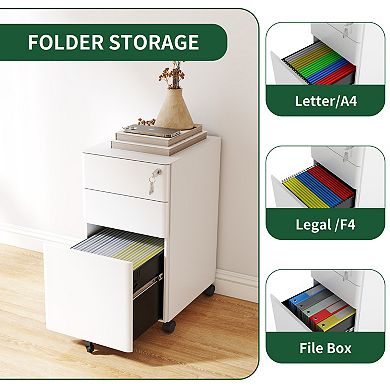 VIYET 3-Drawer Mobile File Cabinet with Lock - All-Steel Under Desk Storage on Wheels, White