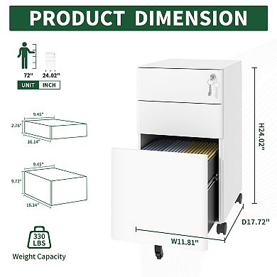 VIYET 3-Drawer Mobile File Cabinet with Lock - All-Steel Under Desk Storage on Wheels, White