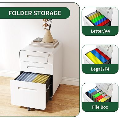 VIYET 3-Drawer Mobile File Cabinet with Lock - Fully Assembled Wide Metal Storage Cabinet on Wheels