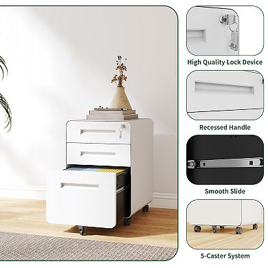 VIYET 3-Drawer Mobile File Cabinet with Lock - Fully Assembled Wide Metal Storage Cabinet on Wheels