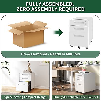 VIYET 3-Drawer Mobile File Cabinet with Lock - Fully Assembled Wide Metal Storage Cabinet on Wheels