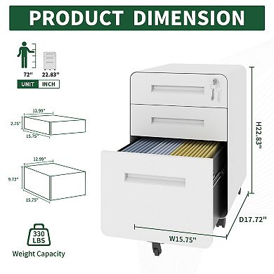 VIYET 3-Drawer Mobile File Cabinet with Lock - Fully Assembled Wide Metal Storage Cabinet on Wheels